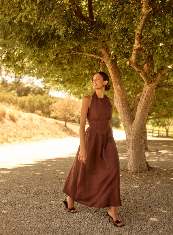 Brown Sienna Halter Maxi Linen Dress