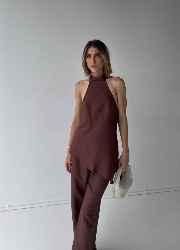 Brown Velora Linen Halter Top