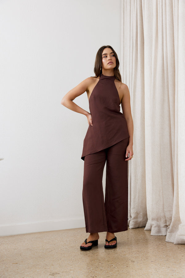 Brown Velora Waist Tie Linen Pants