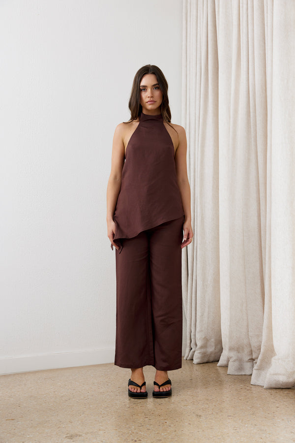 Brown Velora Linen Halter Top