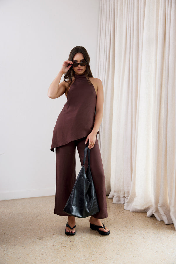 Brown Velora Linen Halter Top