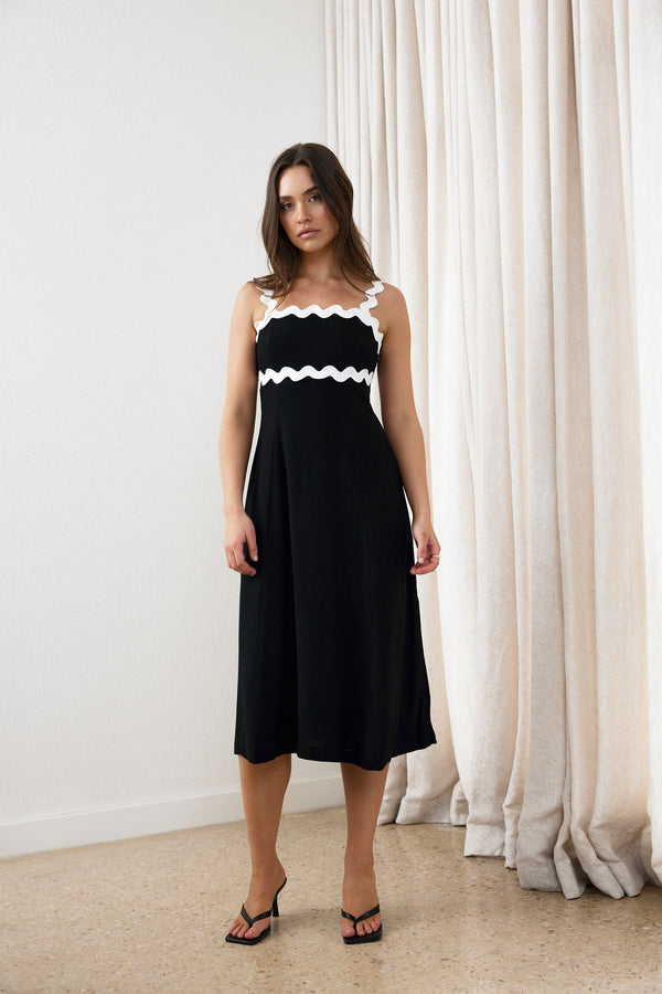 Black Exhale Linen Midi Dress