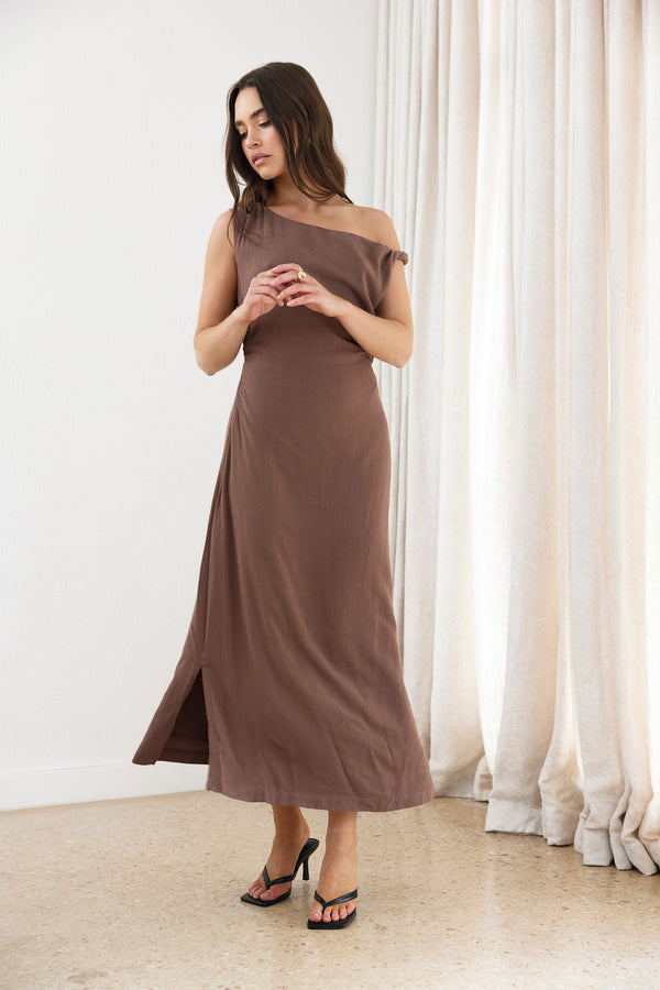 Brown Rise Linen Maxi Dress