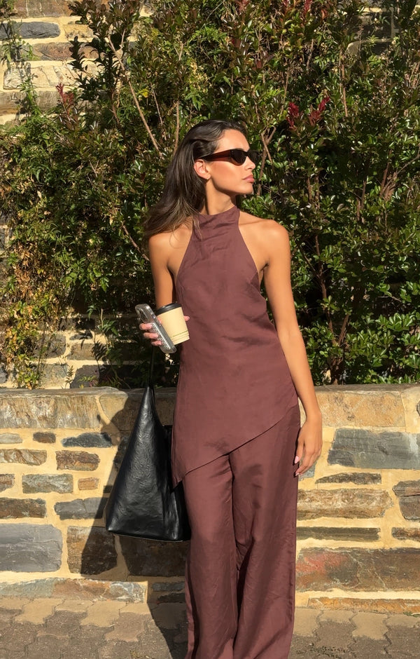 Brown Velora Linen Halter Top