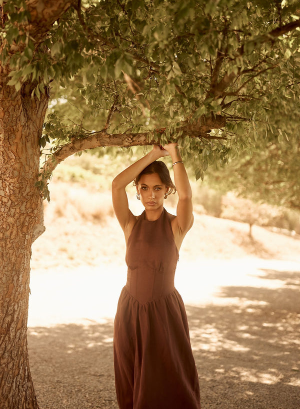 Brown Sienna Halter Maxi Linen Dress