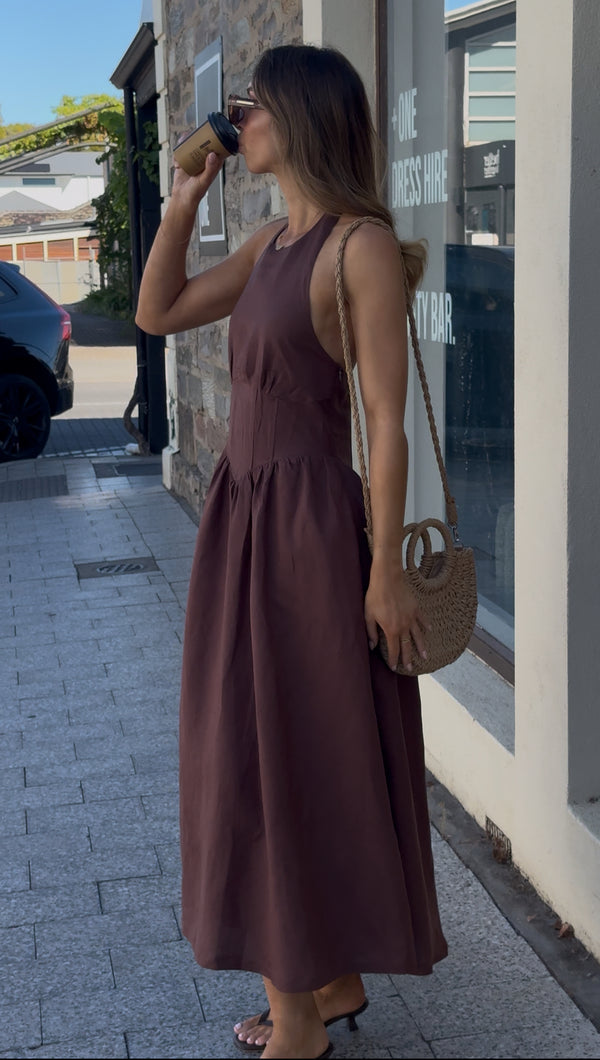 Brown Sienna Halter Maxi Linen Dress