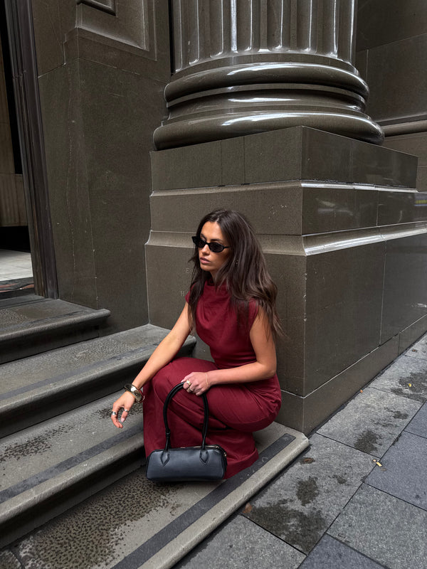 Burgundy Velour Linen Maxi Dress