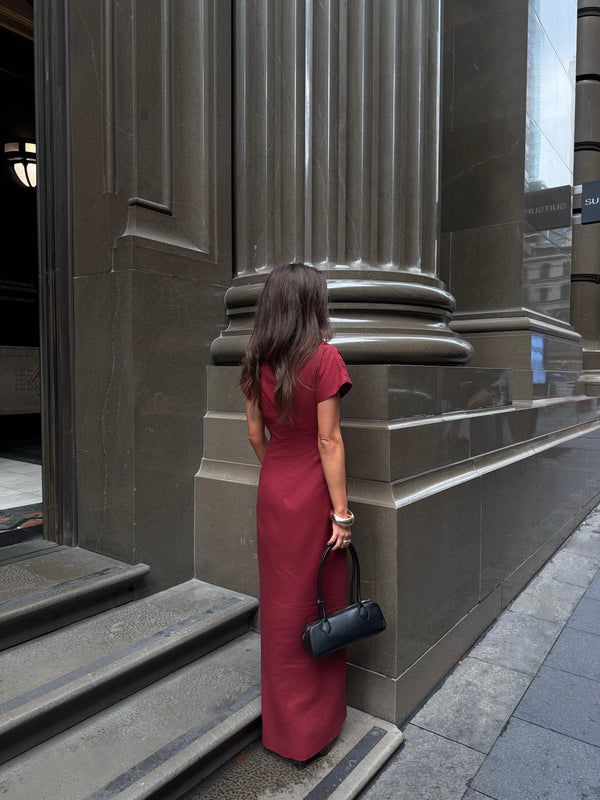 Burgundy Velour Linen Maxi Dress