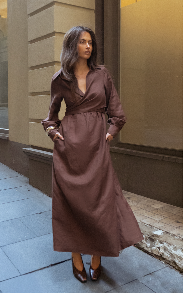 Brown Cielo Linen Maxi Dress