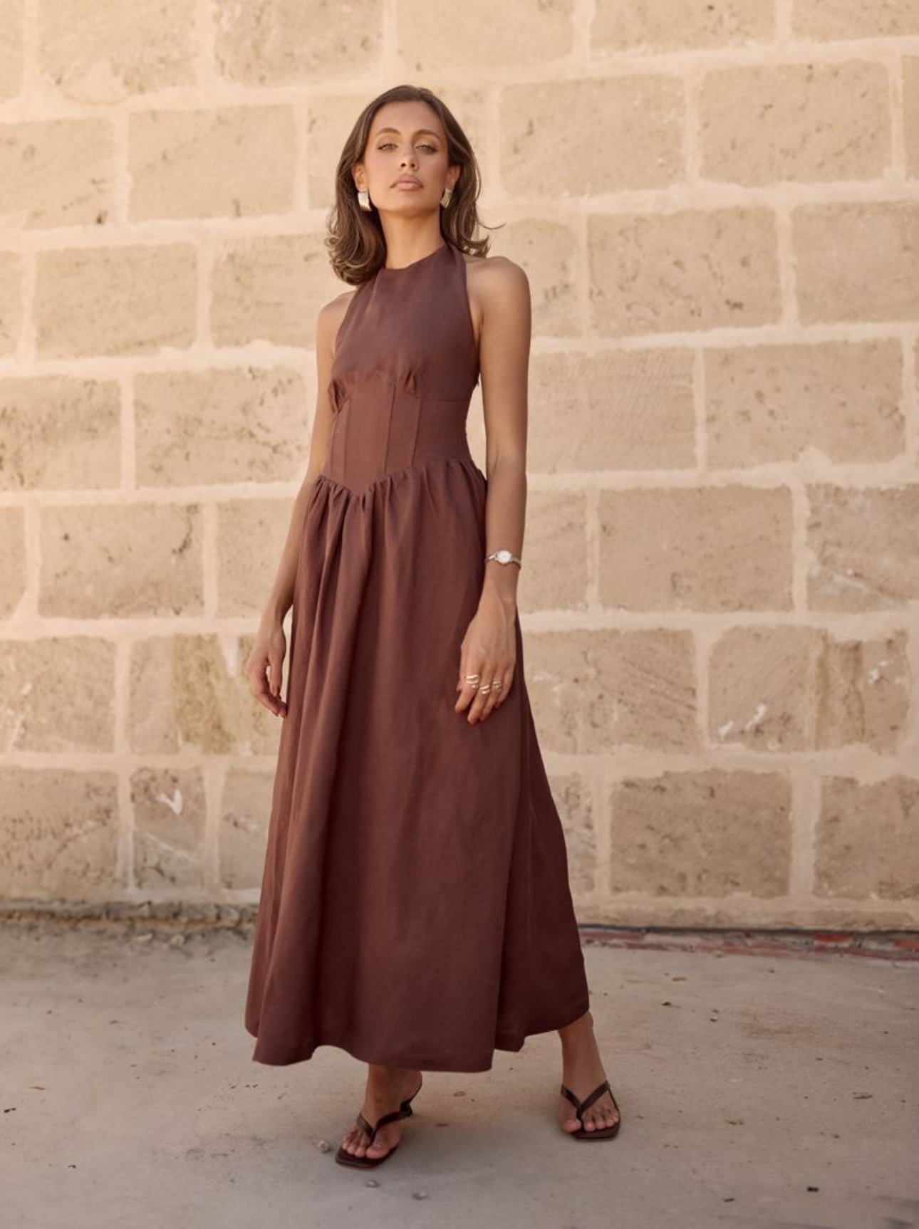 Brown Sienna Halter Maxi Linen Dress Modi The Label Brown Sienna Halter Maxi Linen Dress Modi The Label