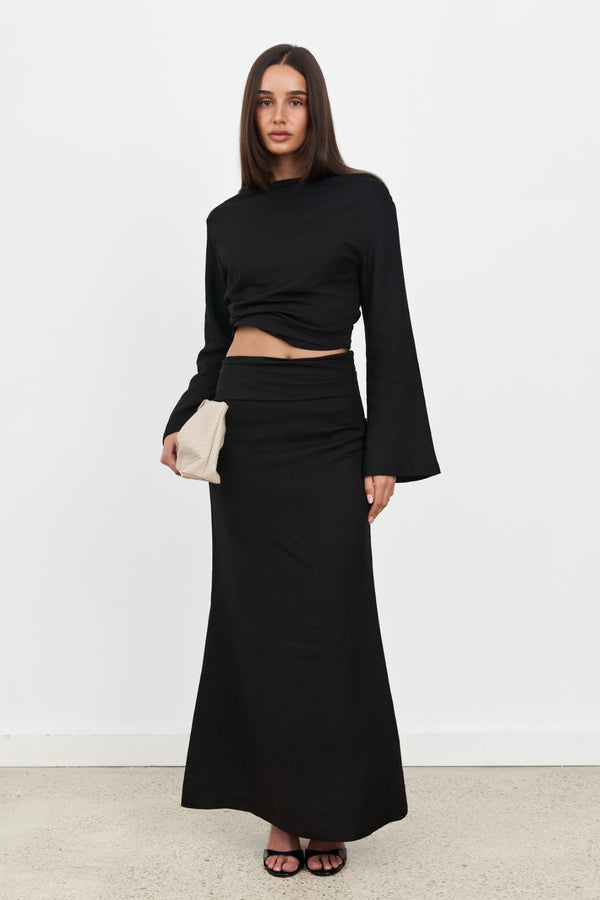 Black Celeste Linen Long Sleeve Top