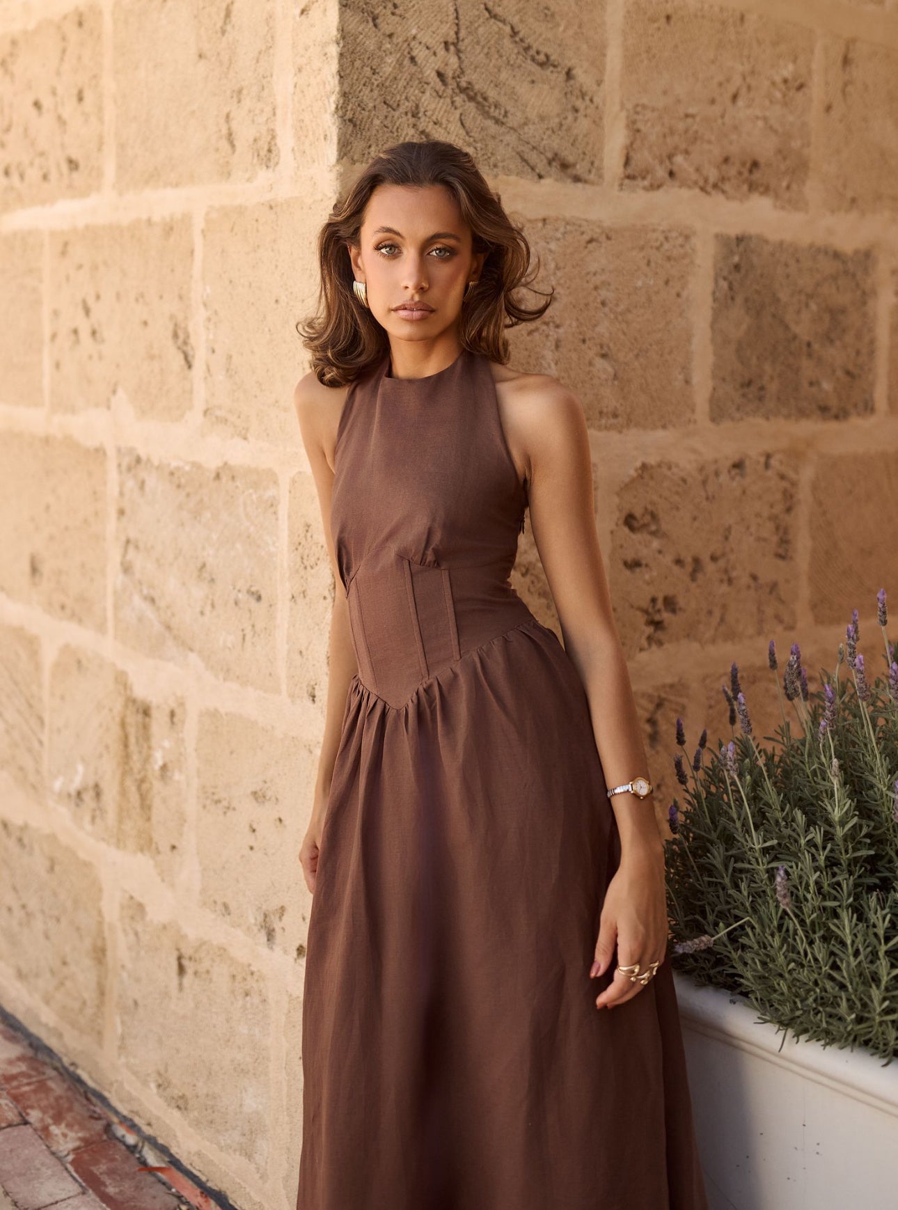 Brown Sienna Halter Maxi Linen Dress Modi The Label Brown Sienna Halter Maxi Linen Dress Modi The Label