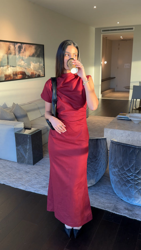 Burgundy Velour Linen Maxi Dress
