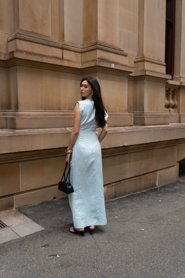 PRE-ORDER - Sky Blue Velour Linen Maxi Dress