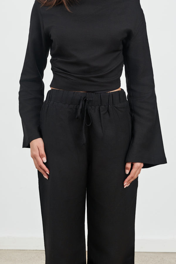 Black Celeste Linen Long Sleeve Top