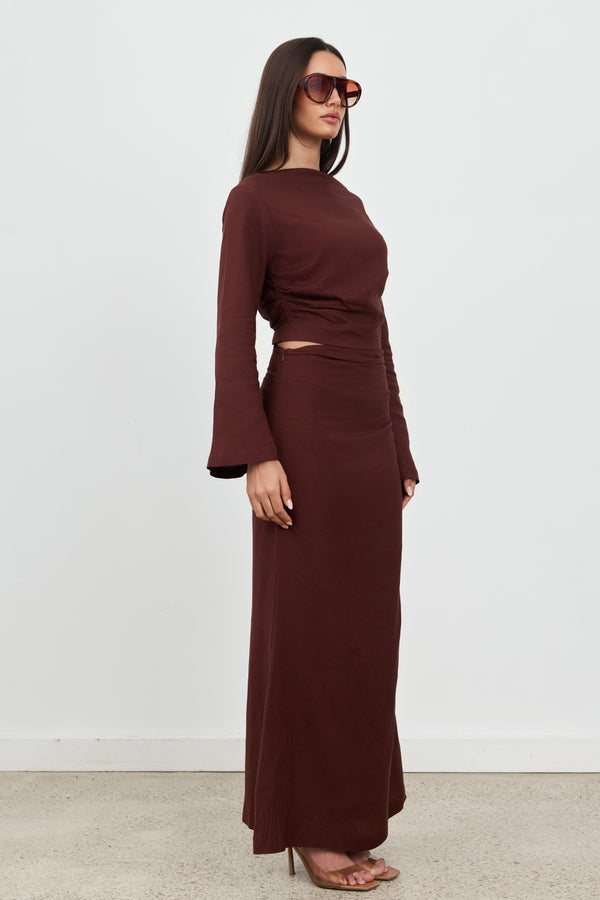 Brown Celeste Linen Long Sleeve Top