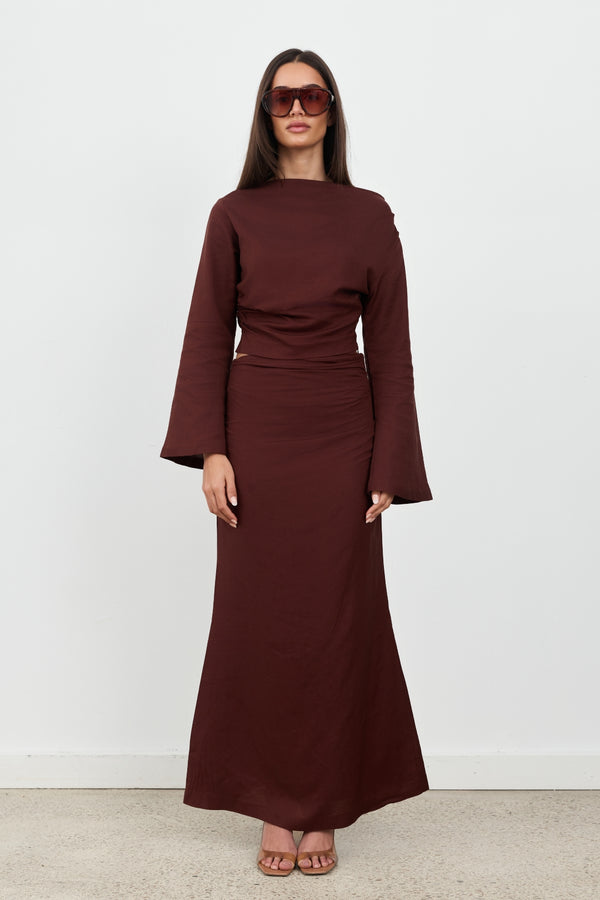 Brown Celeste Linen Long Sleeve Top