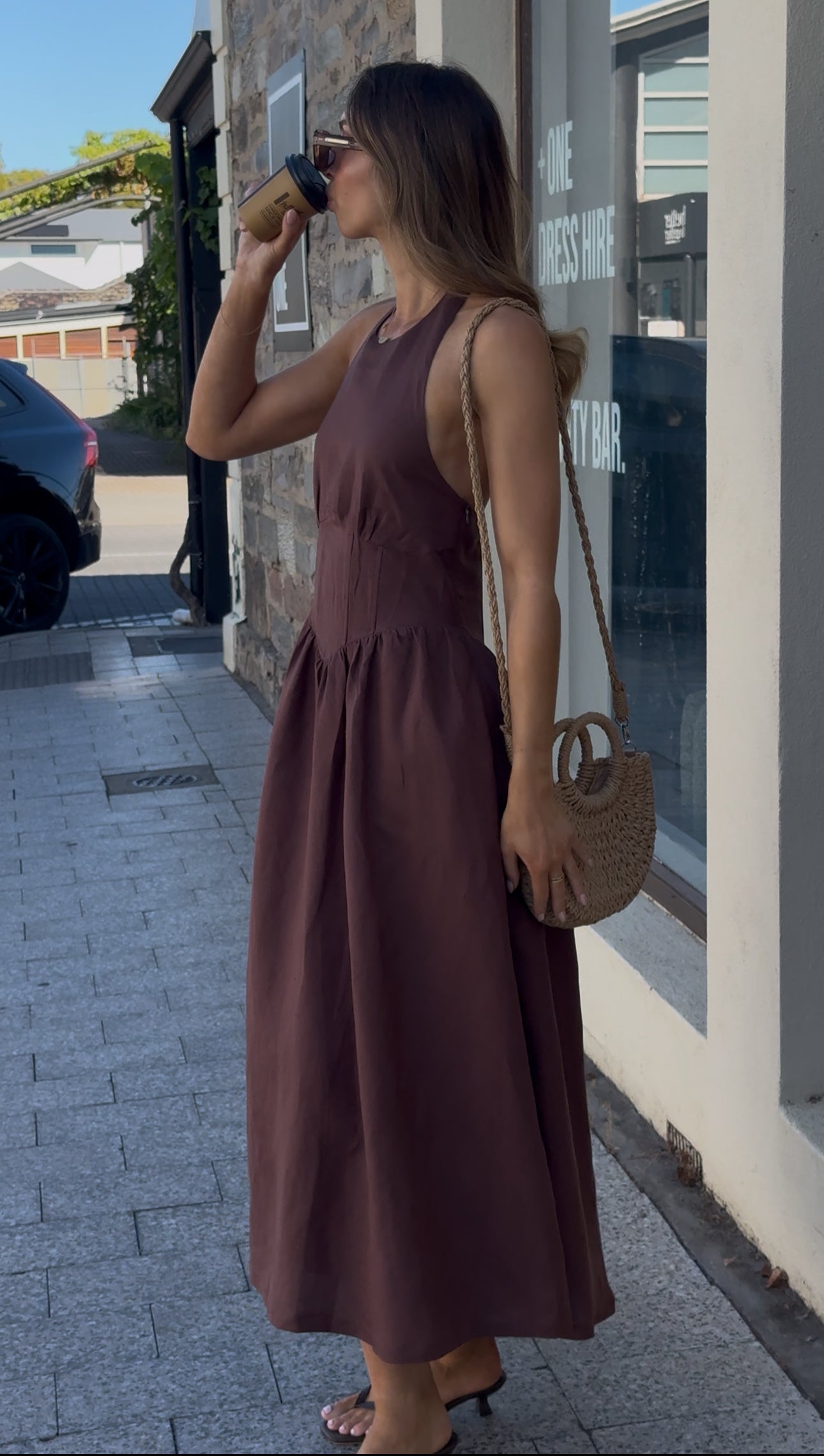 Brown Sienna Halter Maxi Linen Dress Modi The Label Brown Sienna Halter Maxi Linen Dress Modi The Label