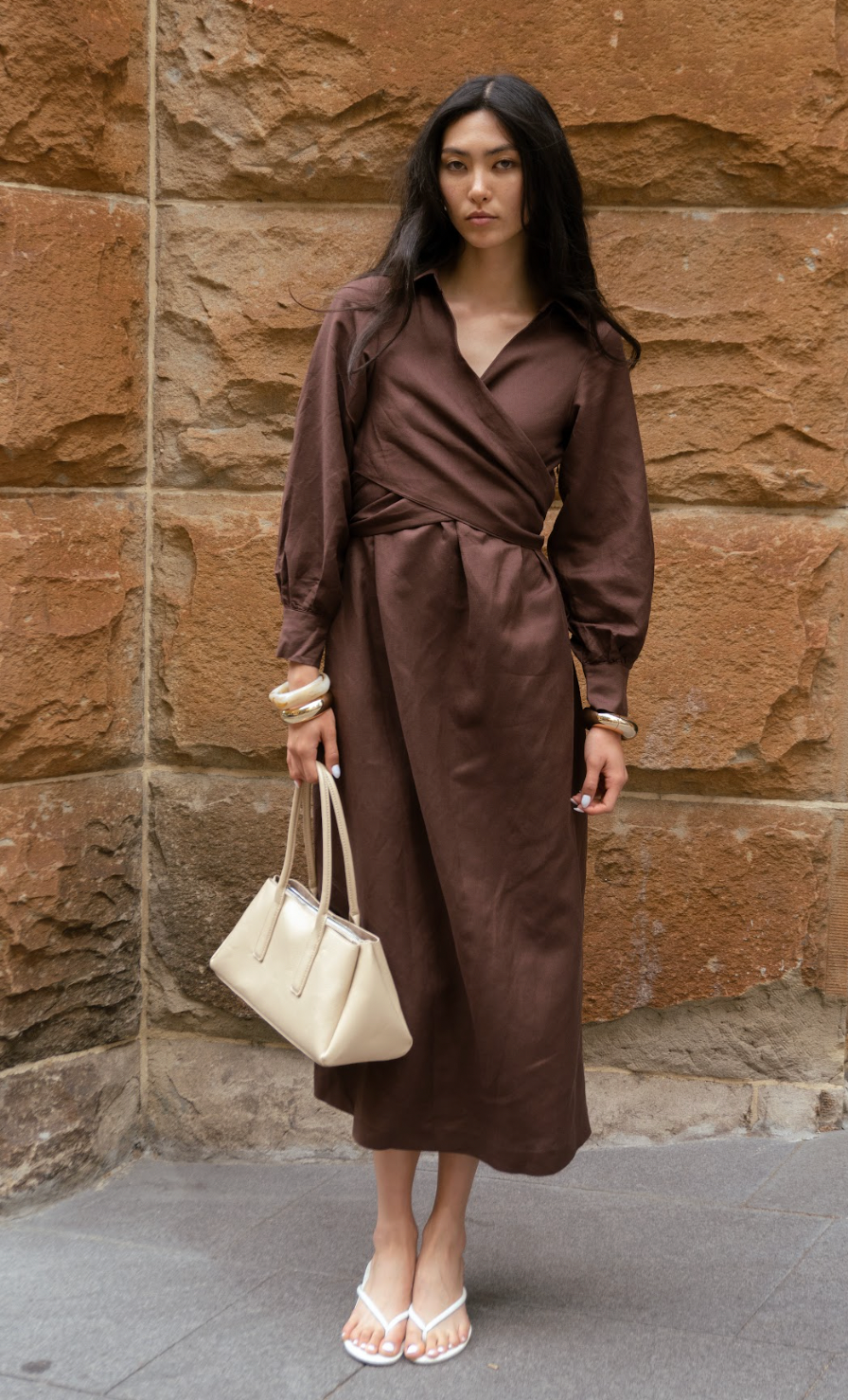brown linen maxi dress Brown Linen Maxi Dress with Ruffle V-Neck and Elbow Sleeves