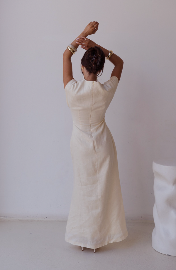 Butter Yellow Velour Linen Maxi Dress