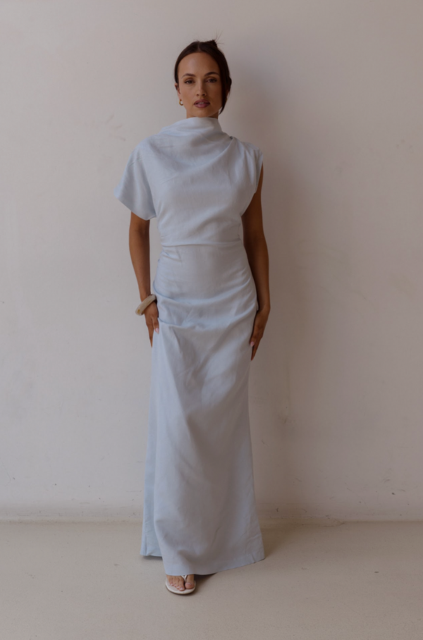 Sky Blue Velour Linen Maxi Dress