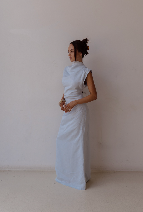 Sky Blue Velour Linen Maxi Dress