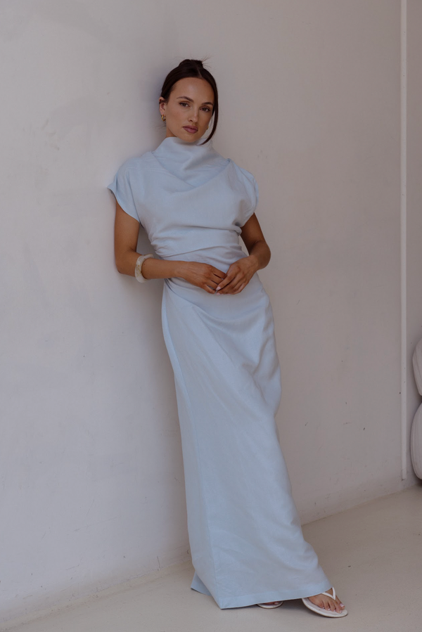 Sky Blue Velour Linen Maxi Dress