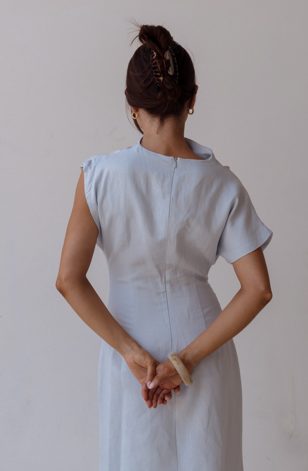 Sky Blue Velour Linen Maxi Dress