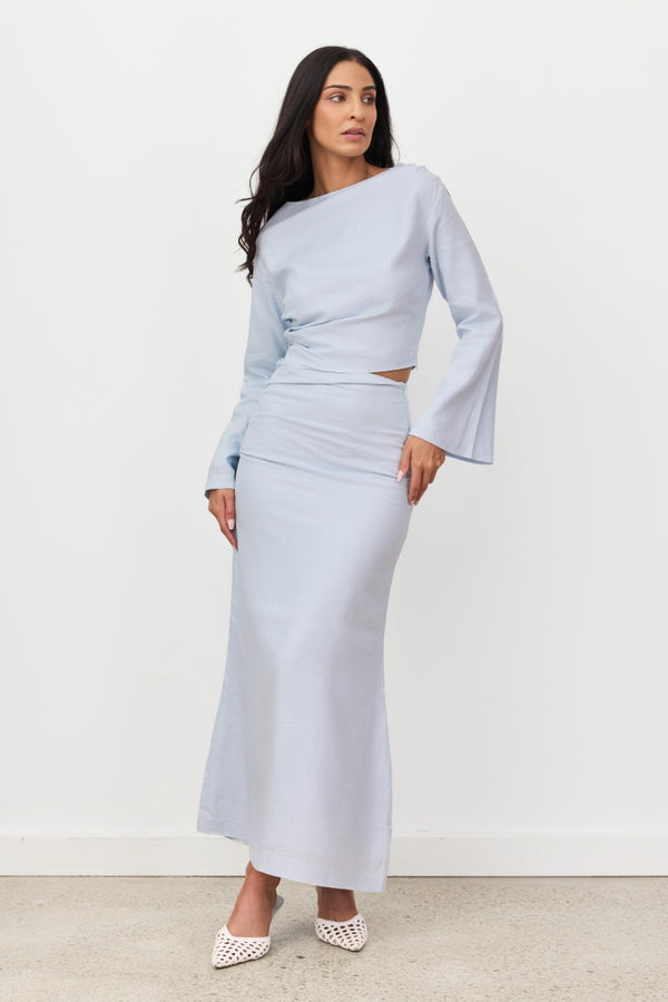 Sky Blue Celeste Linen Long Sleeve Top