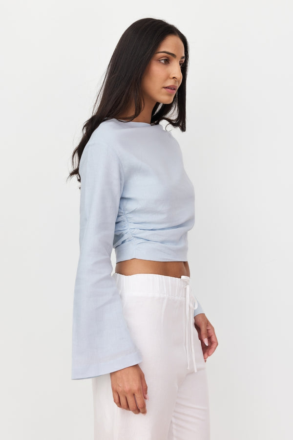Sky Blue Celeste Linen Long Sleeve Top