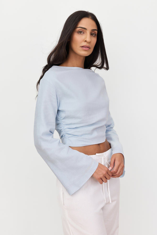 Sky Blue Celeste Linen Long Sleeve Top