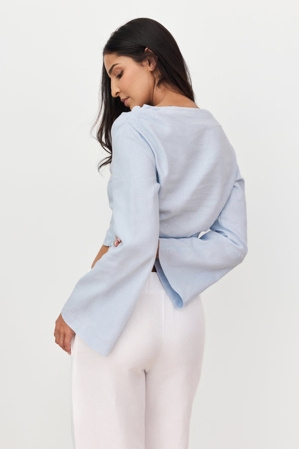 Sky Blue Celeste Linen Long Sleeve Top