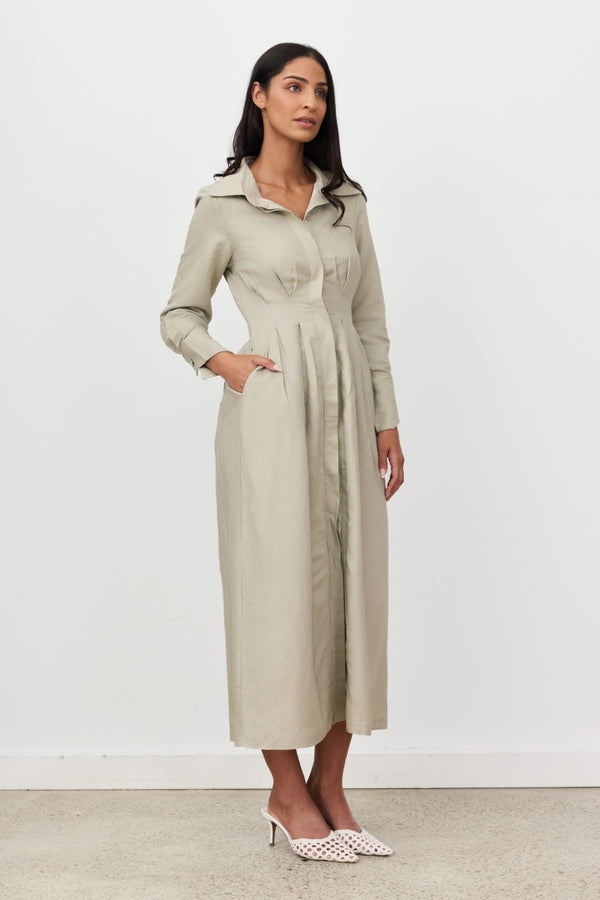 Sage Florence Long Sleeve Linen Maxi Dress