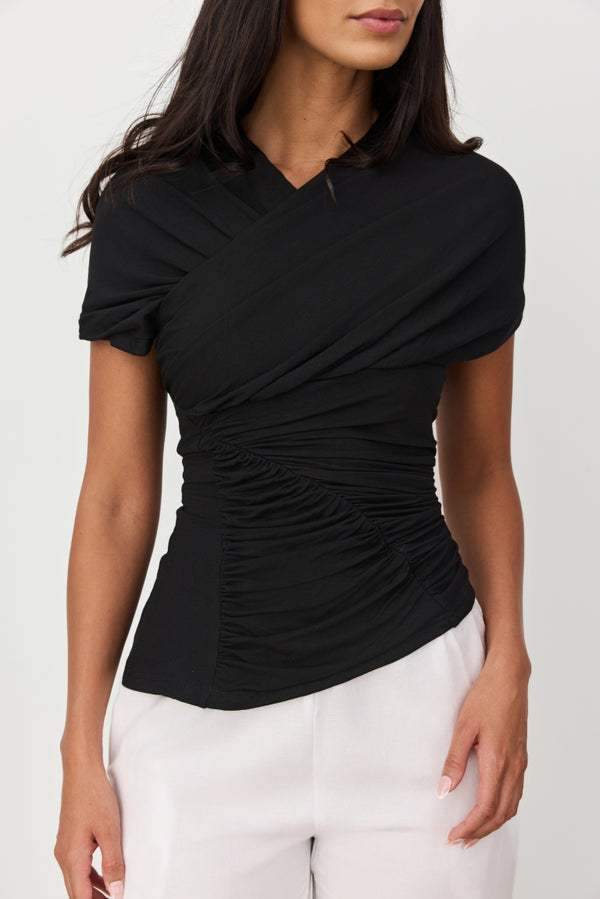 Black Veda Asymmetrical Short Sleeve Top