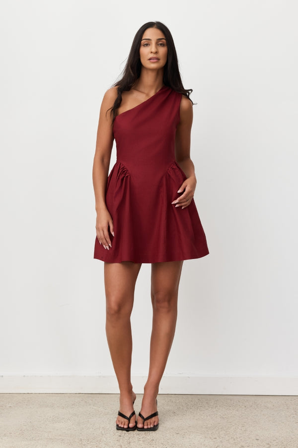 Burgundy De Sol Linen Mini Dress